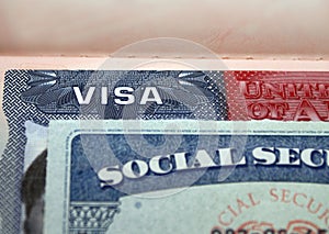 The American visa in a passport page USA background and sacial security nember personal document. SSN Ã¢â¬â social security number f photo